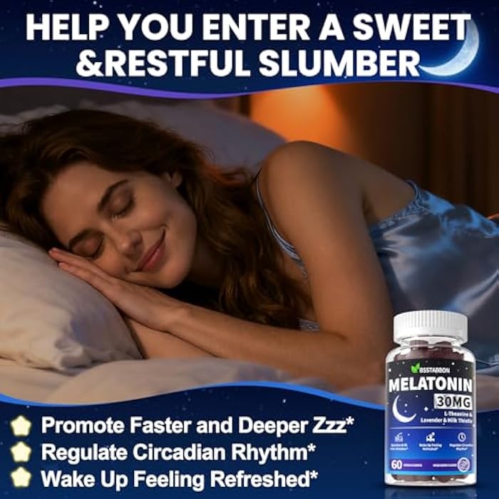 BSSTABBON Adults Melatonin Gummies 30mg: Extra Strength Sugar Free Melatonin Gummies with Magnesium L-Theanine Chamomile Lavender Vitamin B12 B6 D3 - Nighttime Deep Zzz Aid Immune Support(60Count) - Image 4