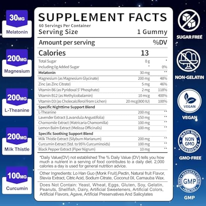 BSSTABBON Adults Melatonin Gummies 30mg: Extra Strength Sugar Free Melatonin Gummies with Magnesium L-Theanine Chamomile Lavender Vitamin B12 B6 D3 - Nighttime Deep Zzz Aid Immune Support(60Count) - Image 2