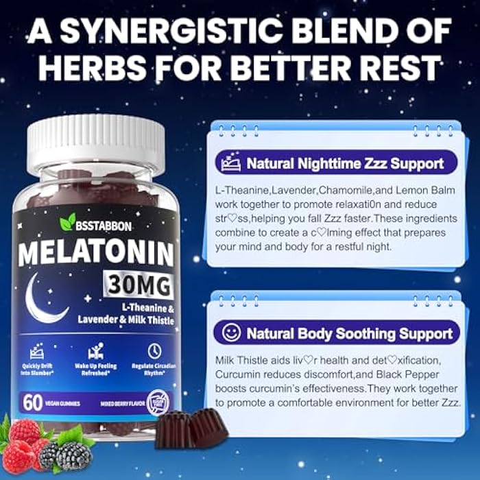 BSSTABBON Adults Melatonin Gummies 30mg: Extra Strength Sugar Free Melatonin Gummies with Magnesium L-Theanine Chamomile Lavender Vitamin B12 B6 D3 - Nighttime Deep Zzz Aid Immune Support(60Count) - Image 5