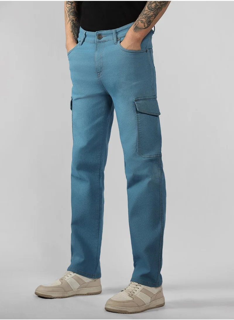 دينيس لينغو Men's Indigo Cotton Blend Solid Full Length Relaxed Fit Jeans