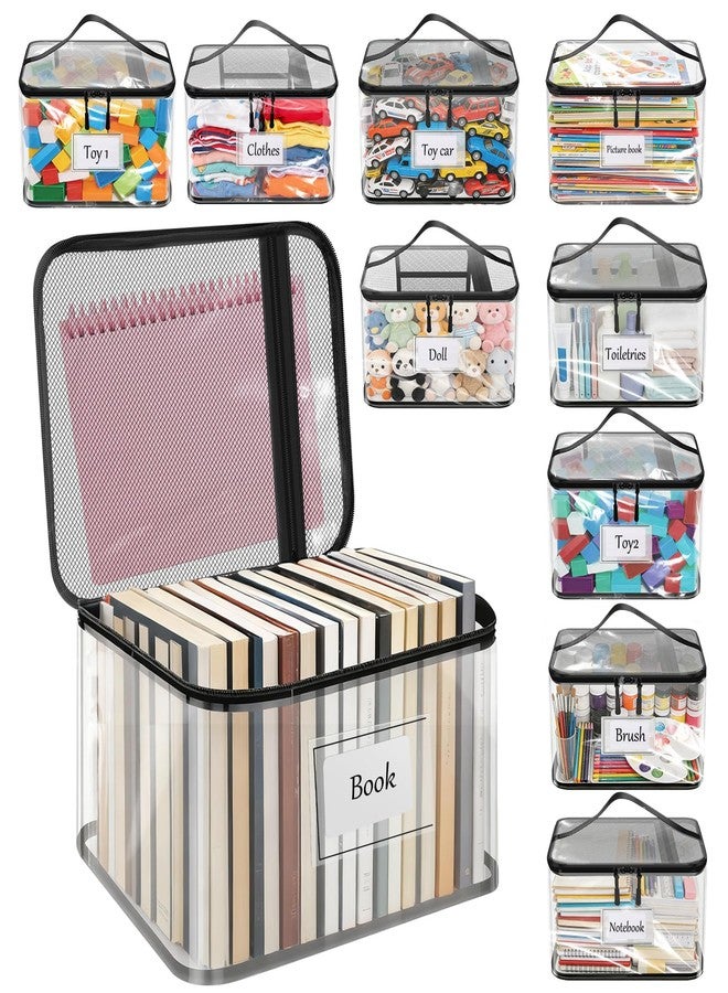 THDUJAYJAY 10 Pack Large Clear PVC Toy Storage Bags,12.2×9.06×7.09in Transparent Toy Organizer with Zipper & Mesh Pocket,Collapsible Waterproof Toy Bin with Labels for Dolls,Blocks,Puzzles,Kids Books - Image 1