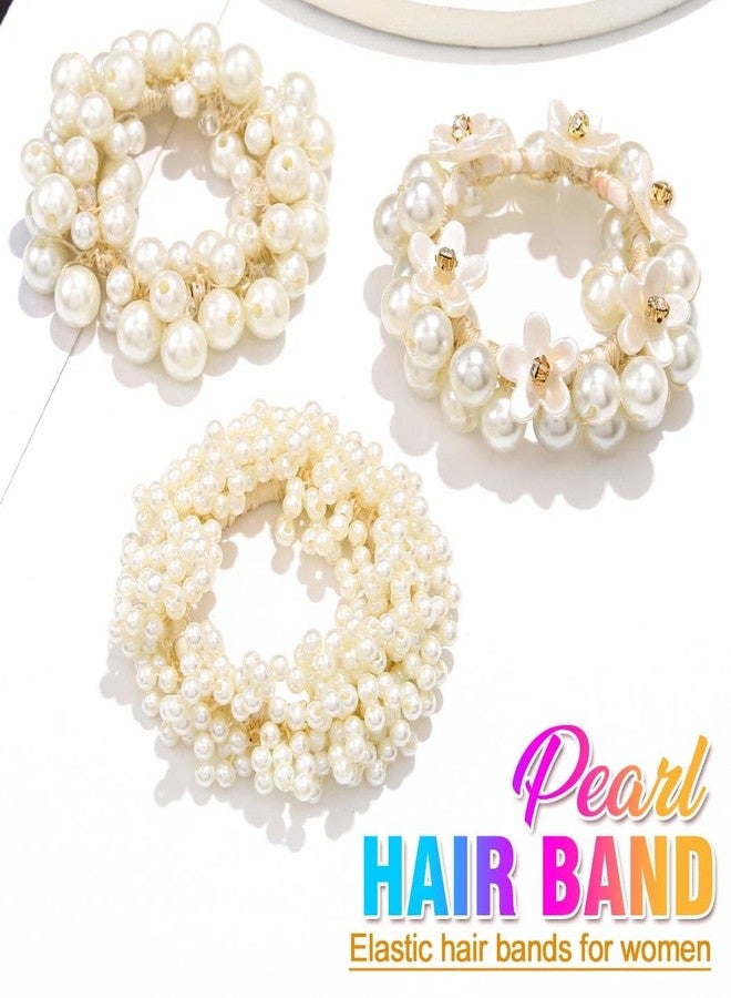 CAKURE Pearl Hair Ties Fancy Ponytail Holder White Elastic Hair Bands Pearl Hair Accessories for Women (Pack of 3) - Image 2