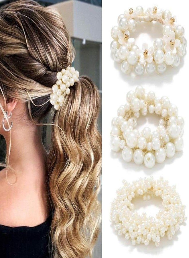 CAKURE Pearl Hair Ties Fancy Ponytail Holder White Elastic Hair Bands Pearl Hair Accessories for Women (Pack of 3) - Image 1
