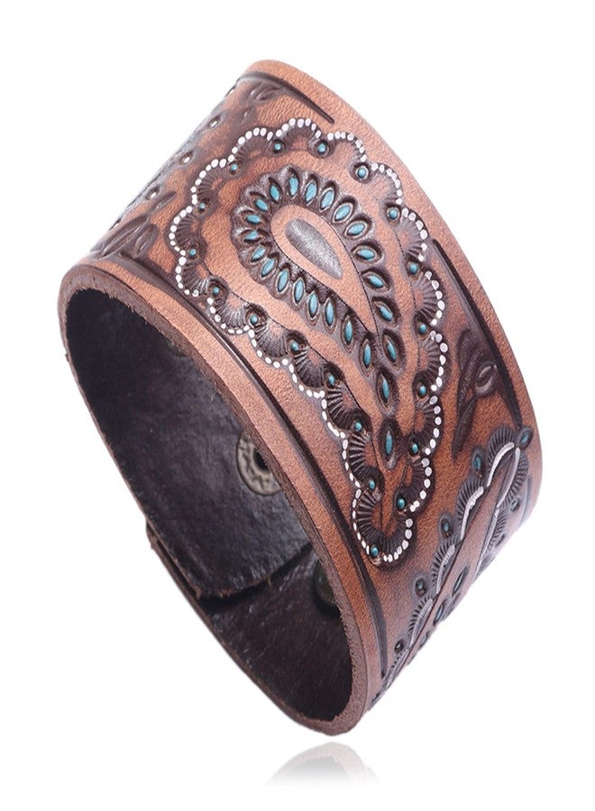 Fusamk Punk Rock Print Pattern Wristband Wide Leather Cuff Bracelet(Brown Leather) - Image 1