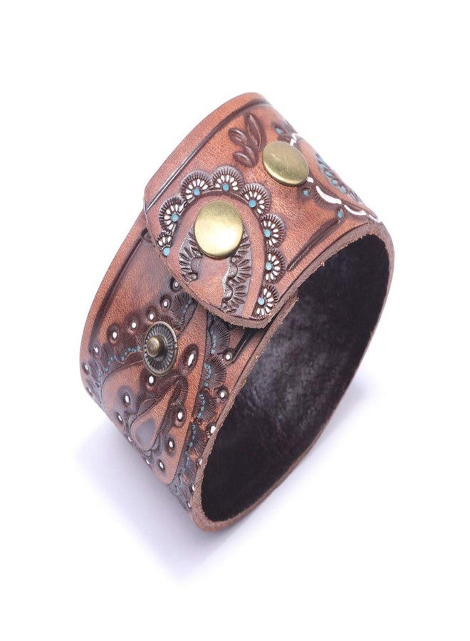 Fusamk Punk Rock Print Pattern Wristband Wide Leather Cuff Bracelet(Brown Leather) - Image 3