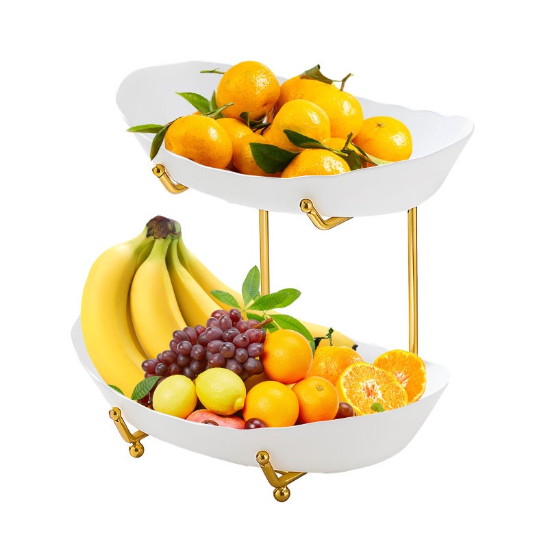 صينية تقديم مكونة من طبقتين: أكريليك أبيض + إطار حديد - وعاء فاكهة تصميم قوي يوفر المساحة للمطبخ، للاستخدام اليومي والمناسبات الخاصة - Image 1