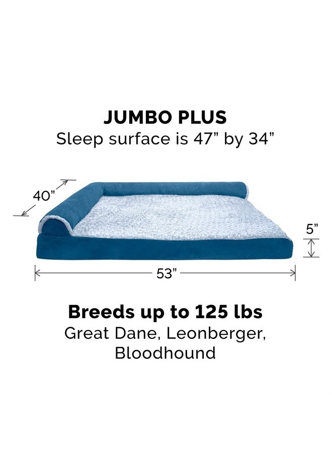 Furhaven - Cooling Gel Dog Bed for Large Dogs w/ Removable Bolsters & Washable Cover, For Dogs Up to 125 lbs - Two-Tone Plush Faux Fur & Suede L Shaped Chaise - Marine Blue, Jumbo Plus/XXL - Image 1
