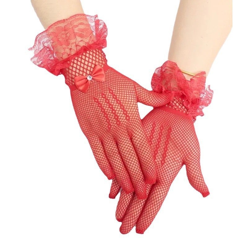 Bridal Full-Finger Lace Gloves with Rhinestones Diamond bow with red - Image 1
