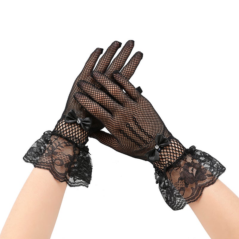 Bridal Full-Finger Lace Gloves with Rhinestones Diamond bow with red - Image 3