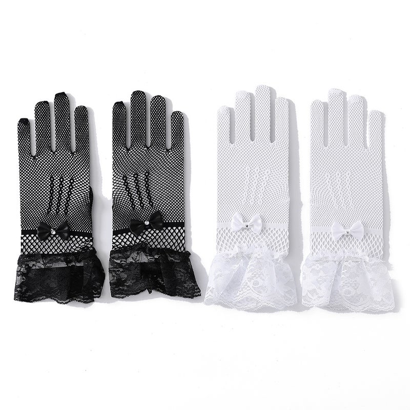 Bridal Full-Finger Lace Gloves with Rhinestones Diamond bow with red - Image 5