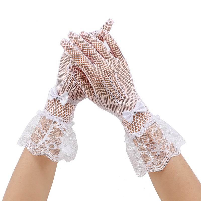 Bridal Full-Finger Lace Gloves with Rhinestones Diamond bow with red - Image 2