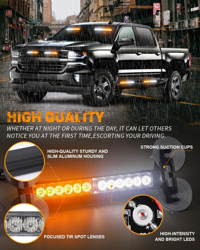 XRIDONSEN 2x 10.7 inch Emergency Strobe Lights 24 LED Amber White Warning Flashing Safety Dash Side Window Front/Rear Windshield Lights Traffic Advisor Bar for Tow/Plow Trucks Construction Vehicles - Image 3