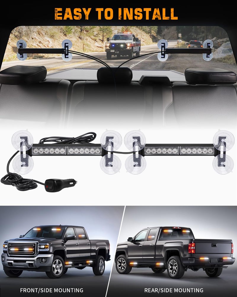 XRIDONSEN 2x 10.7 inch Emergency Strobe Lights 24 LED Amber White Warning Flashing Safety Dash Side Window Front/Rear Windshield Lights Traffic Advisor Bar for Tow/Plow Trucks Construction Vehicles - Image 5