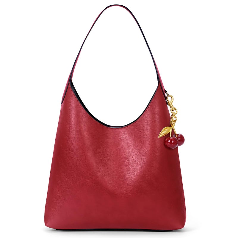 HICARRY Faux Suede Hobo Bags Vegan Leather Shoulder Bag Tote for Women with Cherry Charm Slouchy Designer Handbag Purse Fall Fashion - Image 1