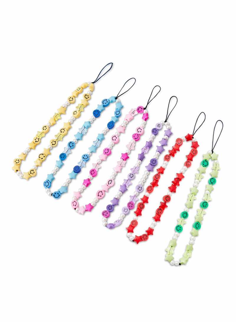 6 Pcs Beaded Phone Strap Smiley Face Beaded Lanyard Wrist Strap, Star Smiley Soft Ceramic Bracelet Keychain Charm for Women Girl 6 Color - Image 1