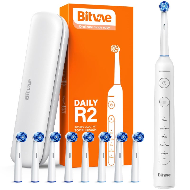 Bitvae R2 Rotating Electric Toothbrush for Adults with 8 Brush Heads, 5 Modes Rechargeable Power Toothbrush with Pressure Sensor, White - Image 1