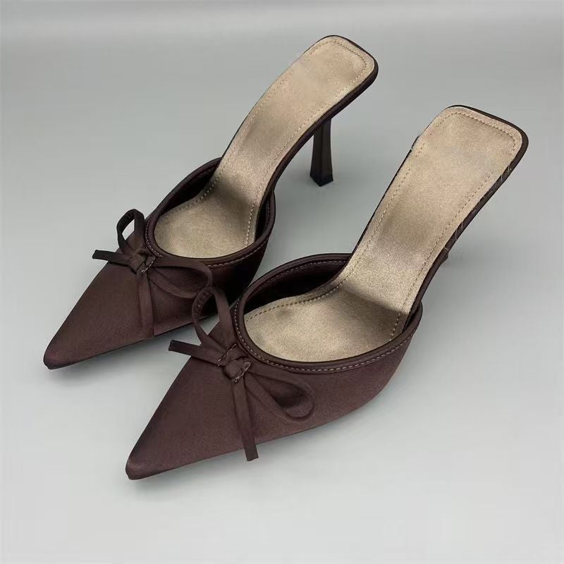 Autum Women'S Shoes Brown Pointed Toe Satin Bow Decorated High-Heeled Mules Shallow Mouth Outer Shoes - Image 1