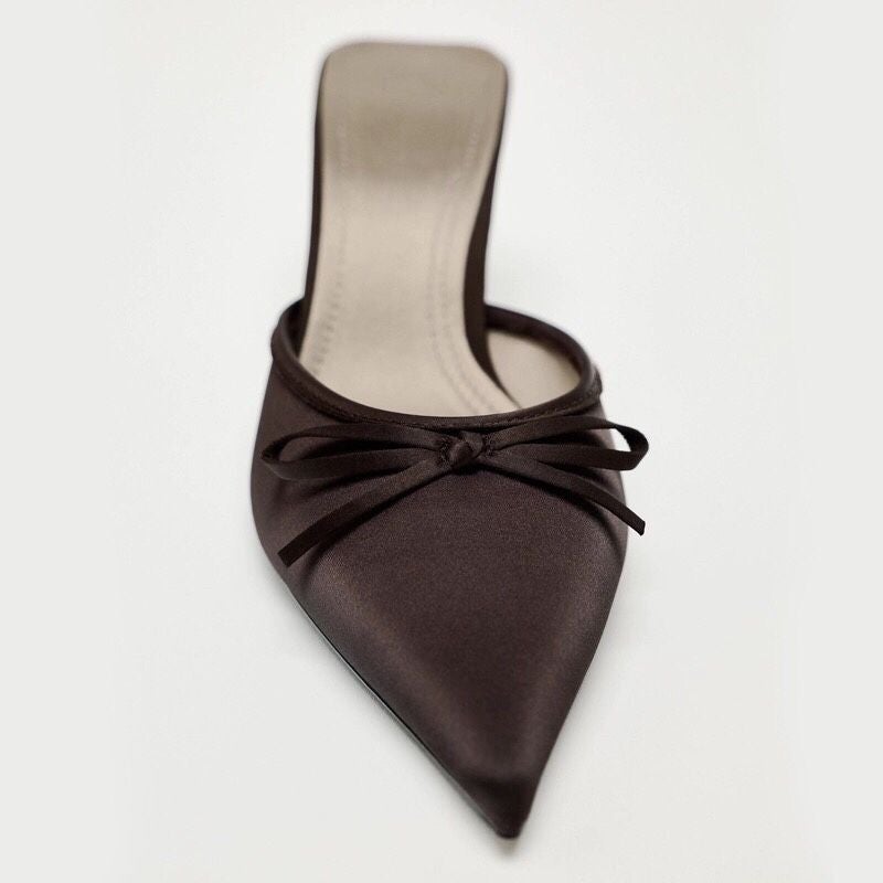 Autum Women'S Shoes Brown Pointed Toe Satin Bow Decorated High-Heeled Mules Shallow Mouth Outer Shoes - Image 4