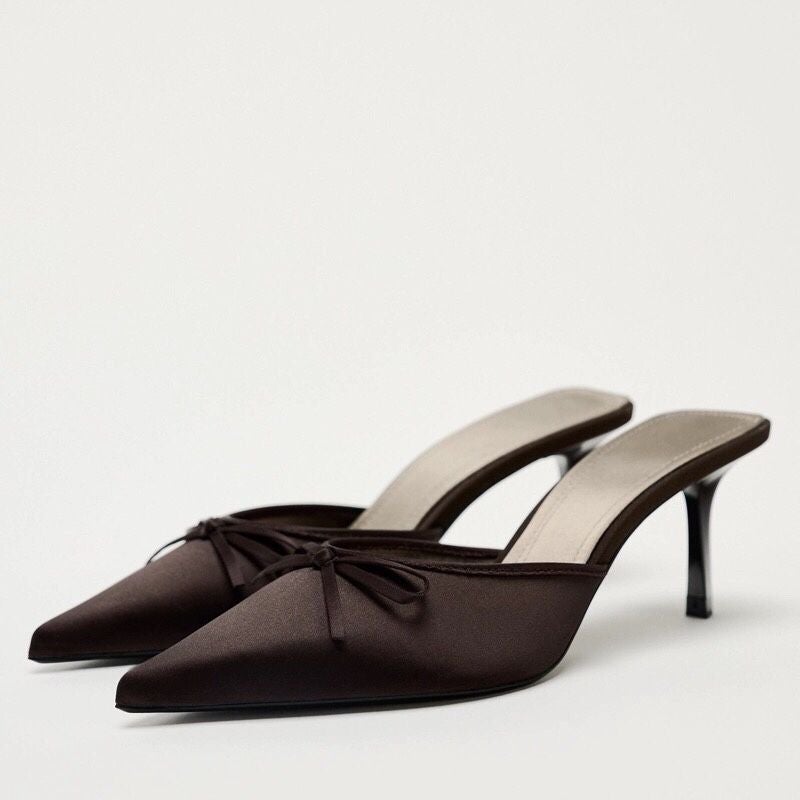 Autum Women'S Shoes Brown Pointed Toe Satin Bow Decorated High-Heeled Mules Shallow Mouth Outer Shoes - Image 3