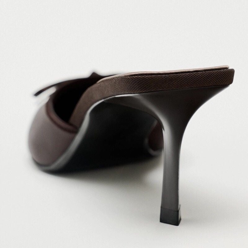 Autum Women'S Shoes Brown Pointed Toe Satin Bow Decorated High-Heeled Mules Shallow Mouth Outer Shoes - Image 5
