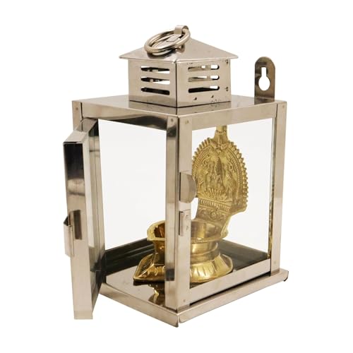 Putrika Stainless Steel Wall Mounted Oil Lamp with Glass Cover | Deepam Glass Cover| Diya Protector from Wind- Hanging Diya Lantern (Small) - Image 5