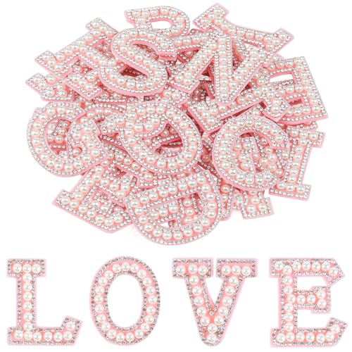 Morcheiong 26Pcs Pearl Rhinestone Letter Patches Self Adhesive A-Z, Stick on Pearl Letter Patches for Clothes, Fabric, Backpack (Pink) - Image 1