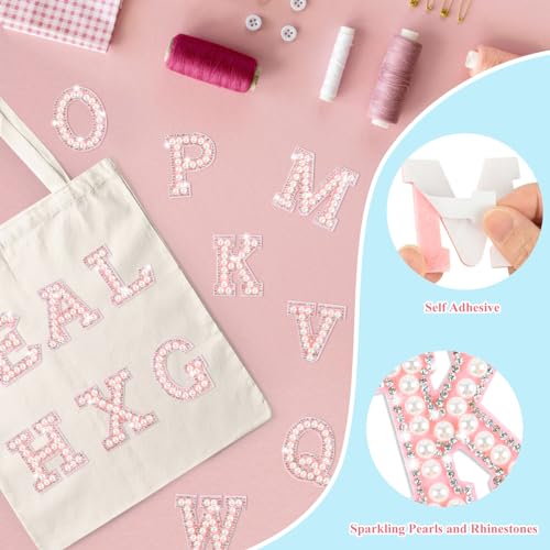 Morcheiong 26Pcs Pearl Rhinestone Letter Patches Self Adhesive A-Z, Stick on Pearl Letter Patches for Clothes, Fabric, Backpack (Pink) - Image 3