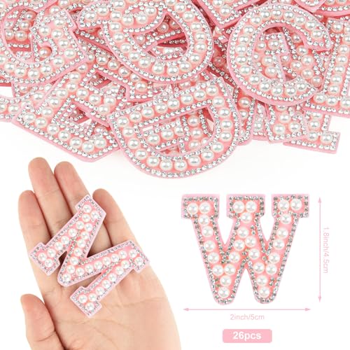 Morcheiong 26Pcs Pearl Rhinestone Letter Patches Self Adhesive A-Z, Stick on Pearl Letter Patches for Clothes, Fabric, Backpack (Pink) - Image 2