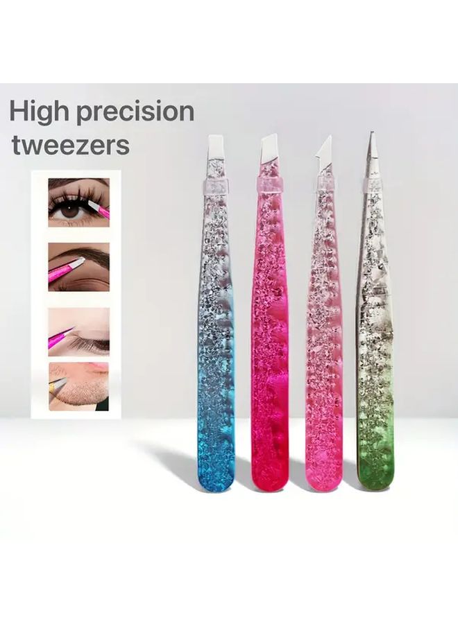 Stainless Steel Ice Flower Eyebrow Clip Set With Double Eyelid Patch And False Lash Tweezers Precision Tools For Eyebrows Lashes And Beauty Multi Color 4 Pieces Pink Green Purple Clear Ideal Halloween Christmas Gift - Image 1