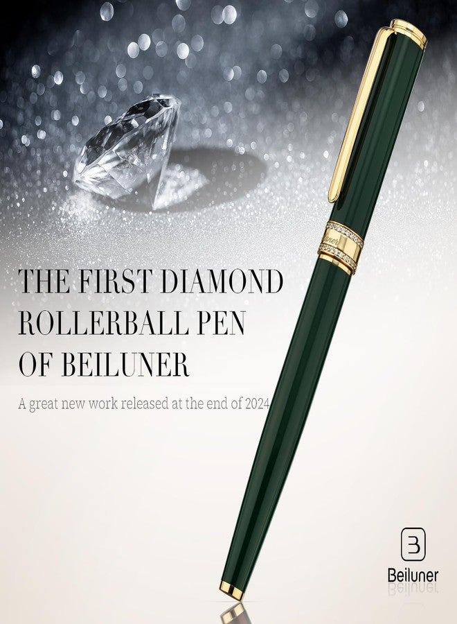 BEILUNER Green Lacquer Rollerball Pen, Diamond-Studded Cap Design, 24K Gold Trim, Noble and Elegant, Schneider Ink Refill, Best Pen Gift Set for Women & Men, Professional, Business Office, Nice Pens - Image 3