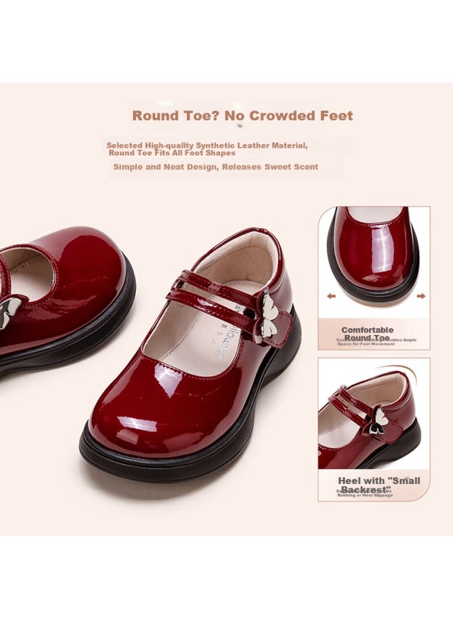 Follow Me Girls' Leather Shoes, Children's Princess Shoes, Square-toe Flats, Fashionable School Performance Shoes, Wine Red, Size 26