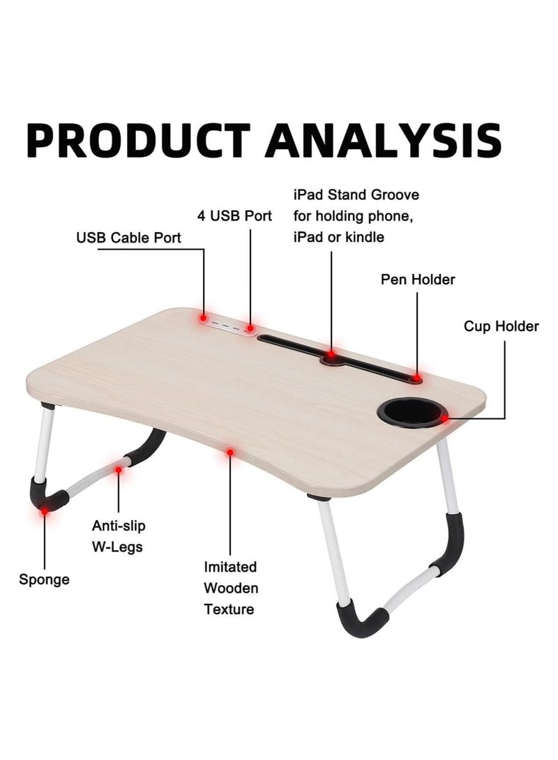 DubaiGallery طاولة لابتوب قابلة للطي مع 4 منافذ USB ودرج تخزين وحامل أكواب، حامل مكتب للسرير، طاولة قابلة للحمل للسرير والأريكة والأرض - Image 3