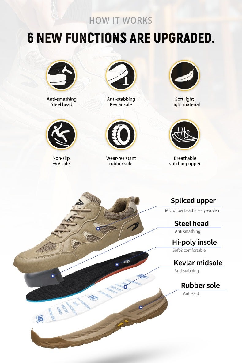 Breathable labor protection shoes, anti-smash and anti-puncture steel toe safety shoes, comfortable and wear-resistant work shoes, lightweight adventure sports shoes khaki - Image 4