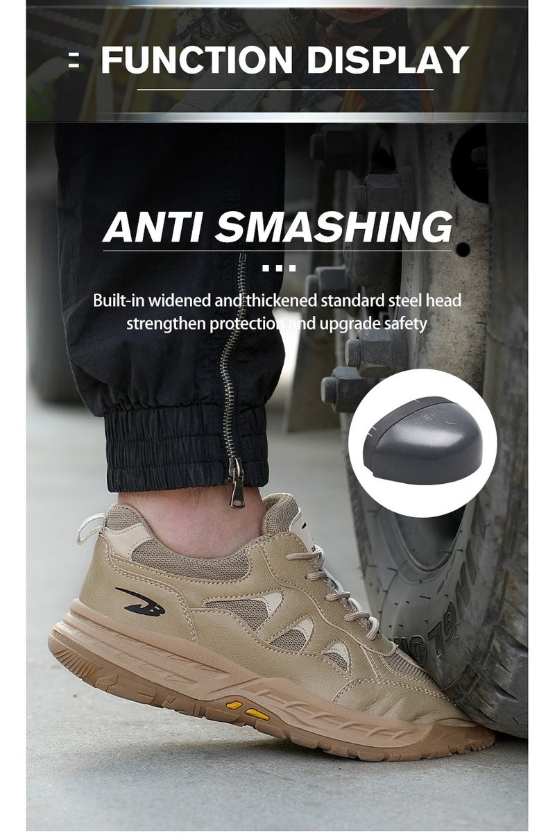 Breathable labor protection shoes, anti-smash and anti-puncture steel toe safety shoes, comfortable and wear-resistant work shoes, lightweight adventure sports shoes khaki - Image 5