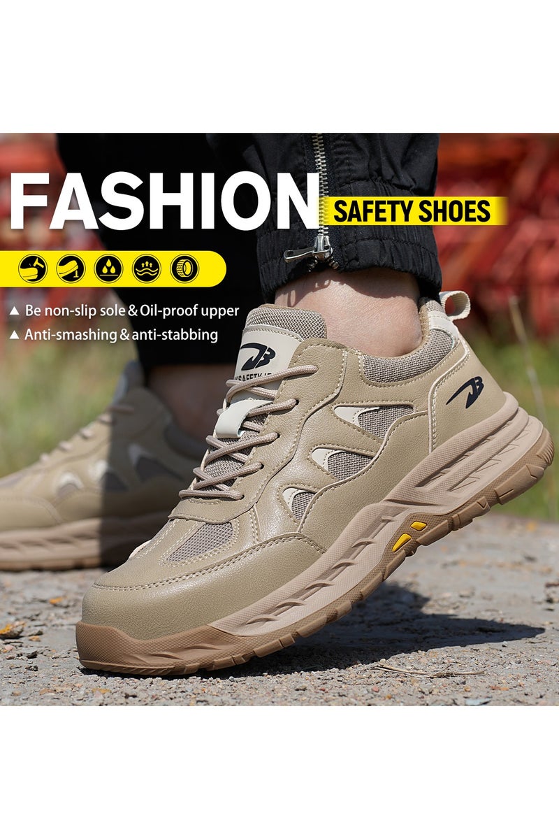 Breathable labor protection shoes, anti-smash and anti-puncture steel toe safety shoes, comfortable and wear-resistant work shoes, lightweight adventure sports shoes khaki - Image 1