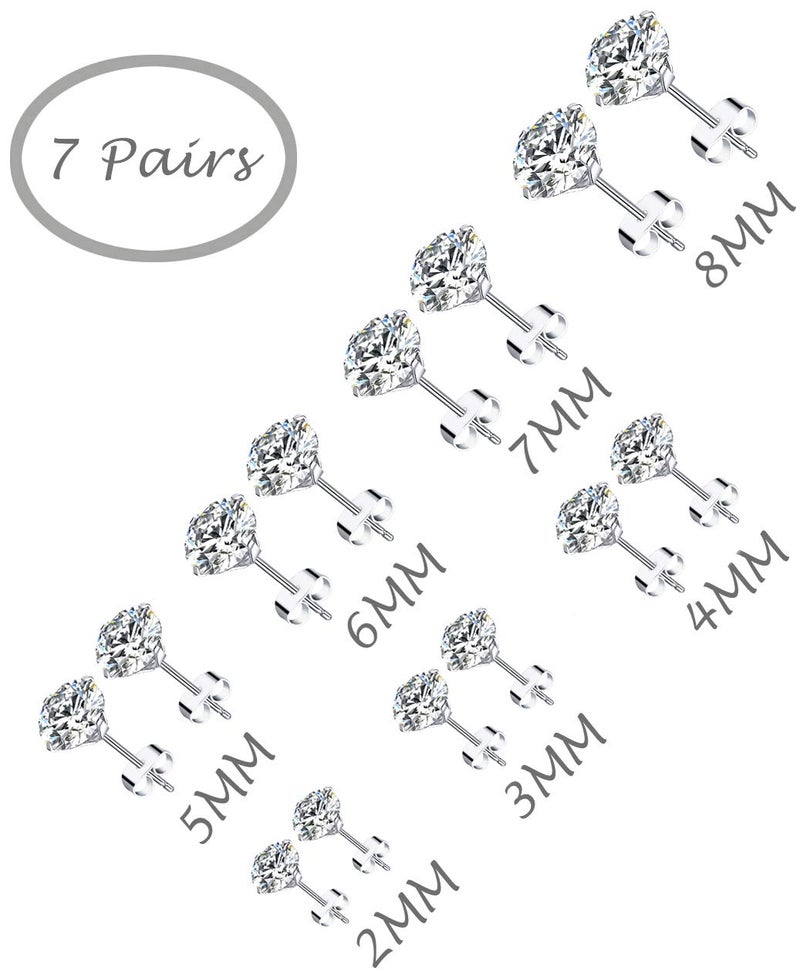 Tornito 7 Pairs 20G Stainless Steel Stud Earrings Round Cubic Zirconia Barbell Earring Set For Men Women 2MM-8MM Silver Tone - Image 3