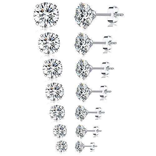 Tornito 7 Pairs 20G Stainless Steel Stud Earrings Round Cubic Zirconia Barbell Earring Set For Men Women 2MM-8MM Silver Tone - Image 1