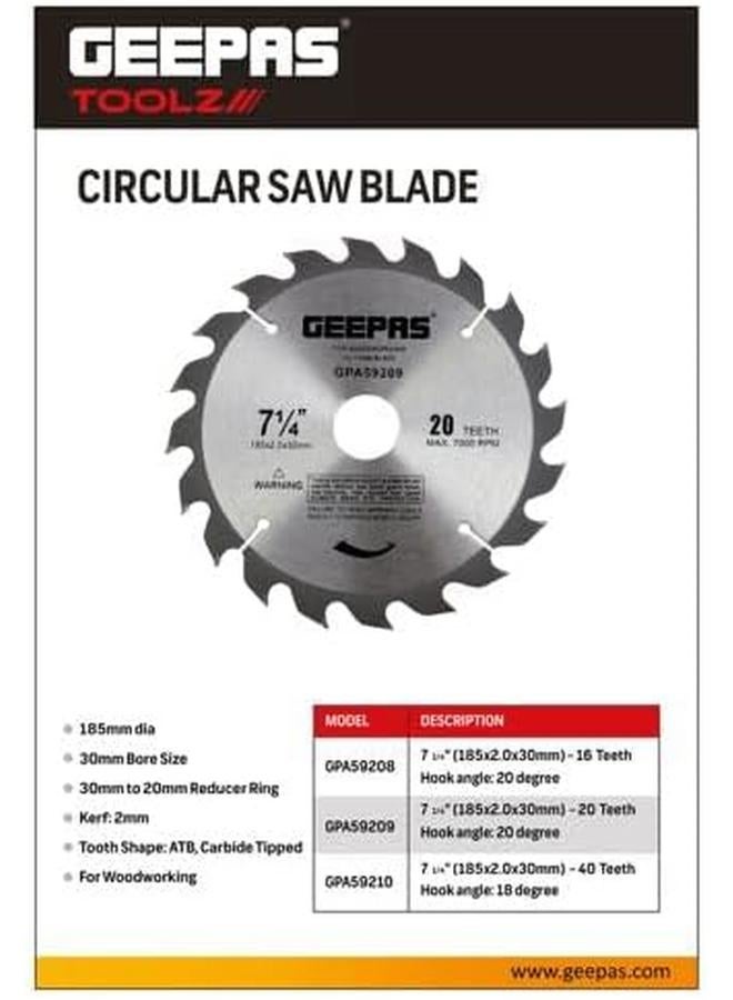 GEEPAS Professional Circular Saw Blade 185 Mm X 2 Mm X 30 Mm Size 16 Teeth Silver Black  - Image 3