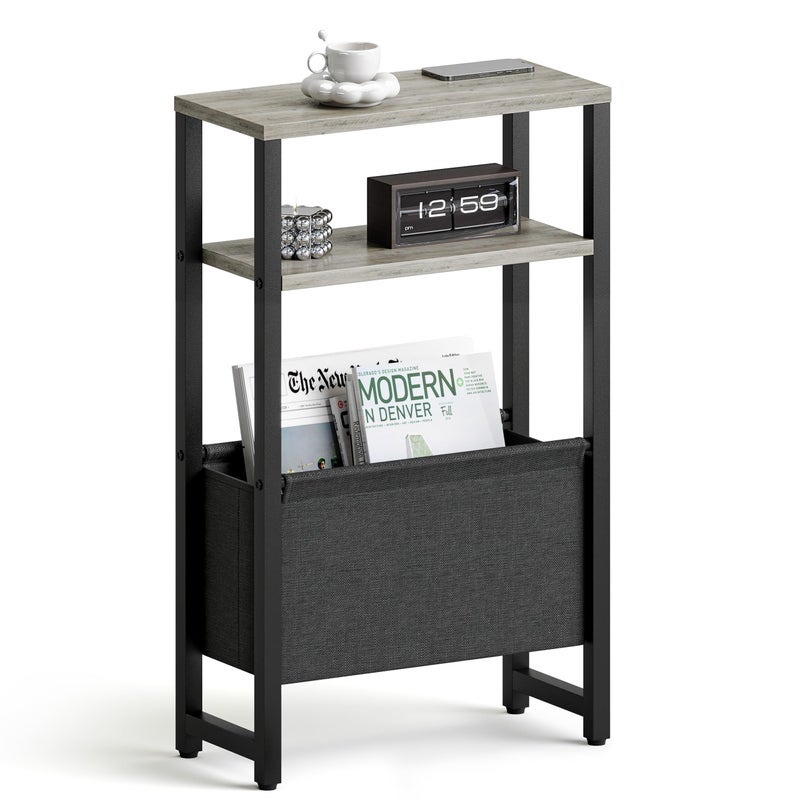IRCPEN Narrow Side Table, Slim End Table with Magazine Rack, Bedside Table for Small Spaces, 3 Tier Sofa Couch Table Nightstand for Living Room, Bedroom, Oak Grey LET503Q - Image 1