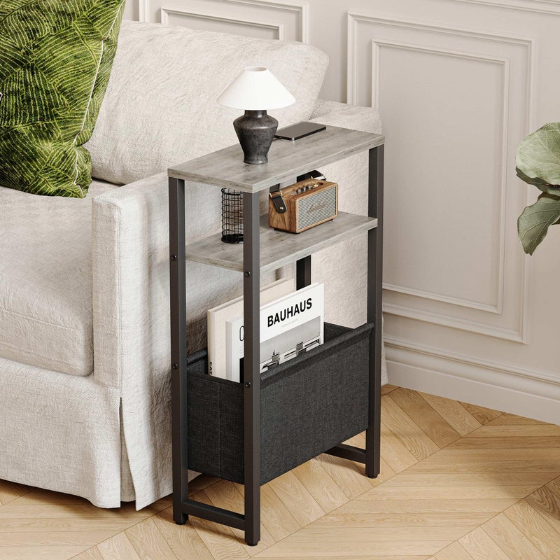 IRCPEN Narrow Side Table, Slim End Table with Magazine Rack, Bedside Table for Small Spaces, 3 Tier Sofa Couch Table Nightstand for Living Room, Bedroom, Oak Grey LET503Q - Image 2