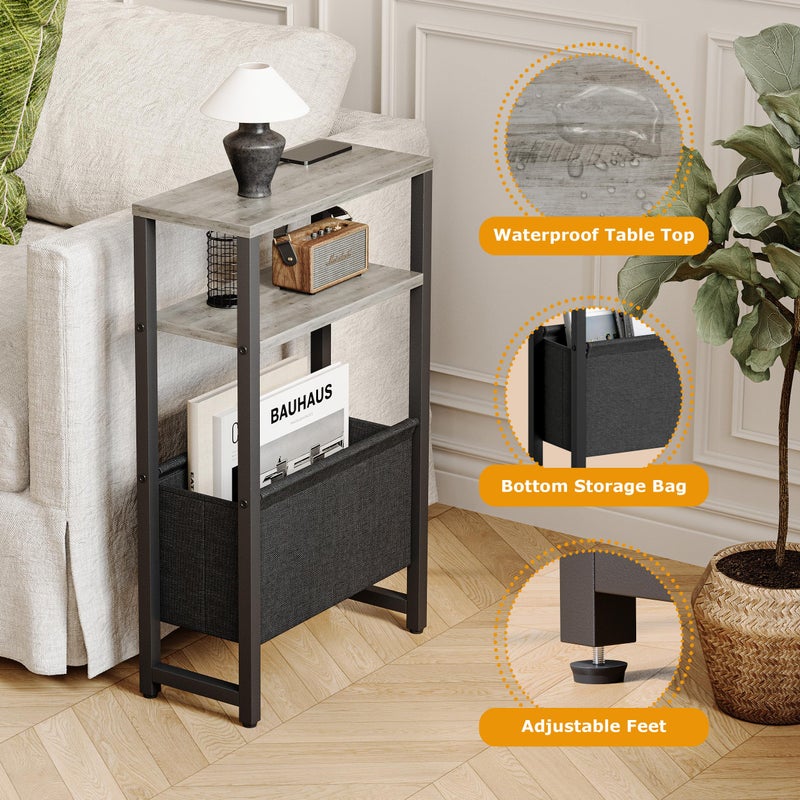 IRCPEN Narrow Side Table, Slim End Table with Magazine Rack, Bedside Table for Small Spaces, 3 Tier Sofa Couch Table Nightstand for Living Room, Bedroom, Oak Grey LET503Q - Image 4