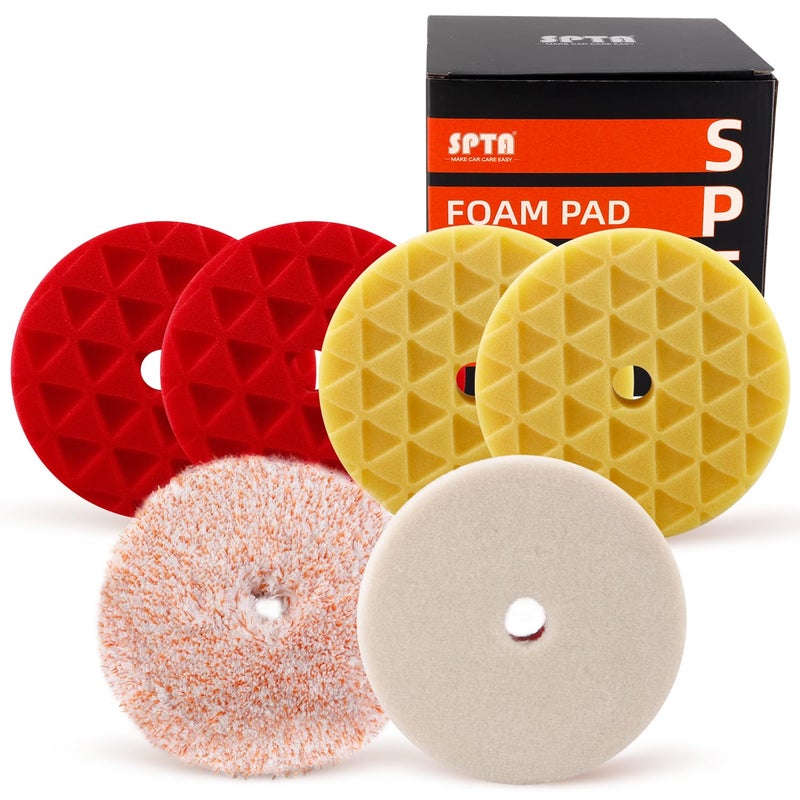 SPTA Buffing Polishing Pads, SPTA 6 Inch 150mm Body Repair Polishing Pad Set Made for 6 Inch Backing Plate, 6 Pcs Buffing Pads with Sponge, Wool and Micro-Fiber Pad Set for Car Detailing polishing Buffing - Image 1