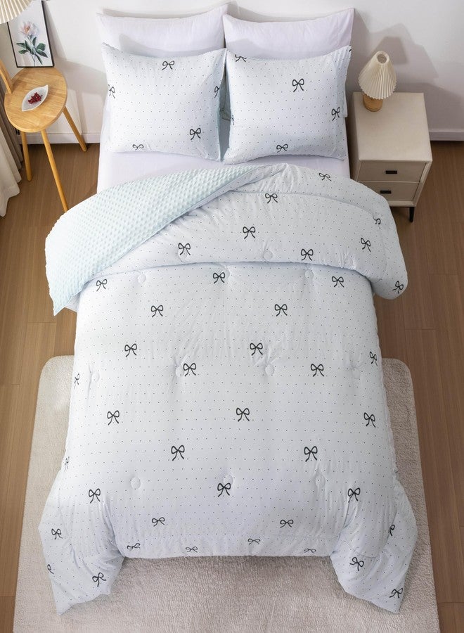 Btargot 3 Piece Blue Bow Tie Comforter Set for Girls Kids, Polka Dot Bowknot Bean Fannel Bedding Set, Queen Size - Image 2
