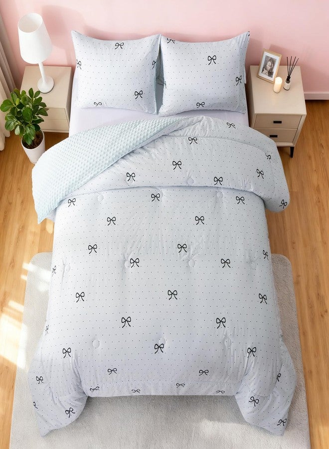 Btargot 3 Piece Blue Bow Tie Comforter Set for Girls Kids, Polka Dot Bowknot Bean Fannel Bedding Set, Queen Size - Image 1