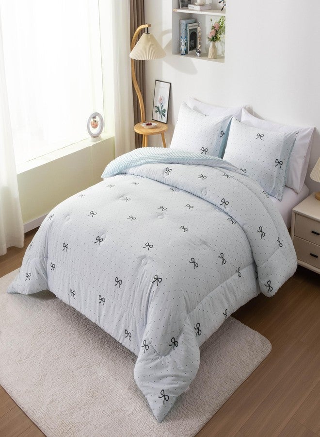 Btargot 3 Piece Blue Bow Tie Comforter Set for Girls Kids, Polka Dot Bowknot Bean Fannel Bedding Set, Queen Size - Image 3