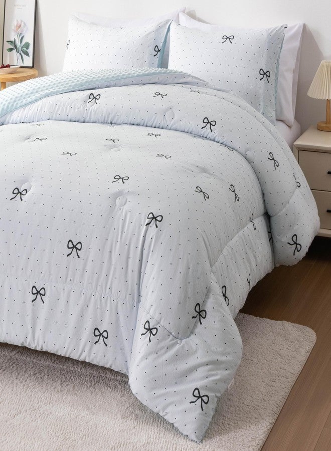 Btargot 3 Piece Blue Bow Tie Comforter Set for Girls Kids, Polka Dot Bowknot Bean Fannel Bedding Set, Queen Size - Image 4