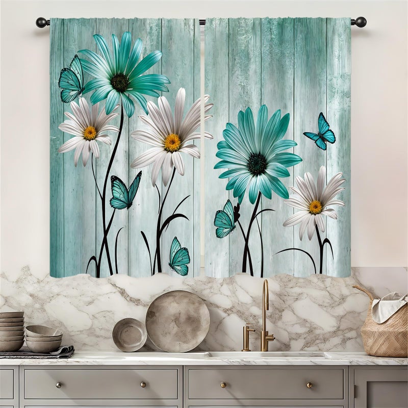 Famiffty Teal Floral Kitchen Curtains 27.5W X 39L Inch 2 Panels Rod Pocket Rustic Farmhouse Flower Turquoise Wooden Retro Country Vintage Daisy Small Short Cafe Tier Drapes Butterfly Bathroom Curtain - Image 2