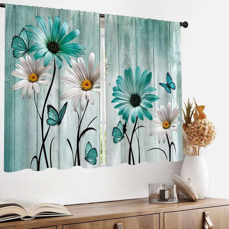 Famiffty Teal Floral Kitchen Curtains 27.5W X 39L Inch 2 Panels Rod Pocket Rustic Farmhouse Flower Turquoise Wooden Retro Country Vintage Daisy Small Short Cafe Tier Drapes Butterfly Bathroom Curtain - Image 3