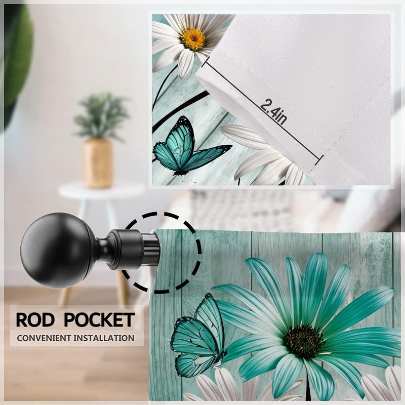 Famiffty Teal Floral Kitchen Curtains 27.5W X 39L Inch 2 Panels Rod Pocket Rustic Farmhouse Flower Turquoise Wooden Retro Country Vintage Daisy Small Short Cafe Tier Drapes Butterfly Bathroom Curtain - Image 5