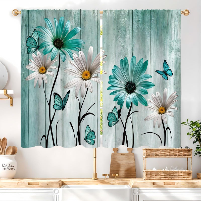 Famiffty Teal Floral Kitchen Curtains 27.5W X 39L Inch 2 Panels Rod Pocket Rustic Farmhouse Flower Turquoise Wooden Retro Country Vintage Daisy Small Short Cafe Tier Drapes Butterfly Bathroom Curtain - Image 1